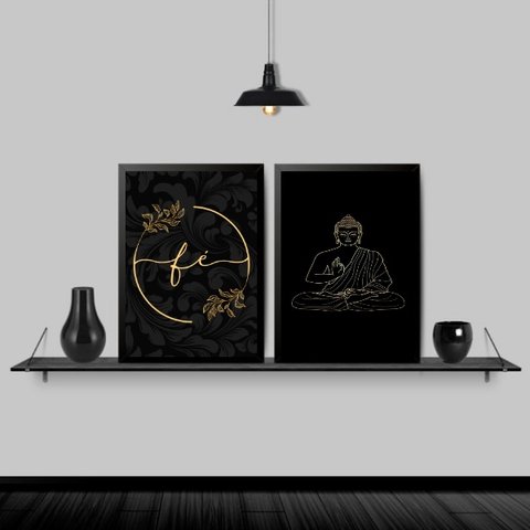 Kit 2 Quadros Buda Fé Preto Com Dourado 24x18cm:Madeira branca