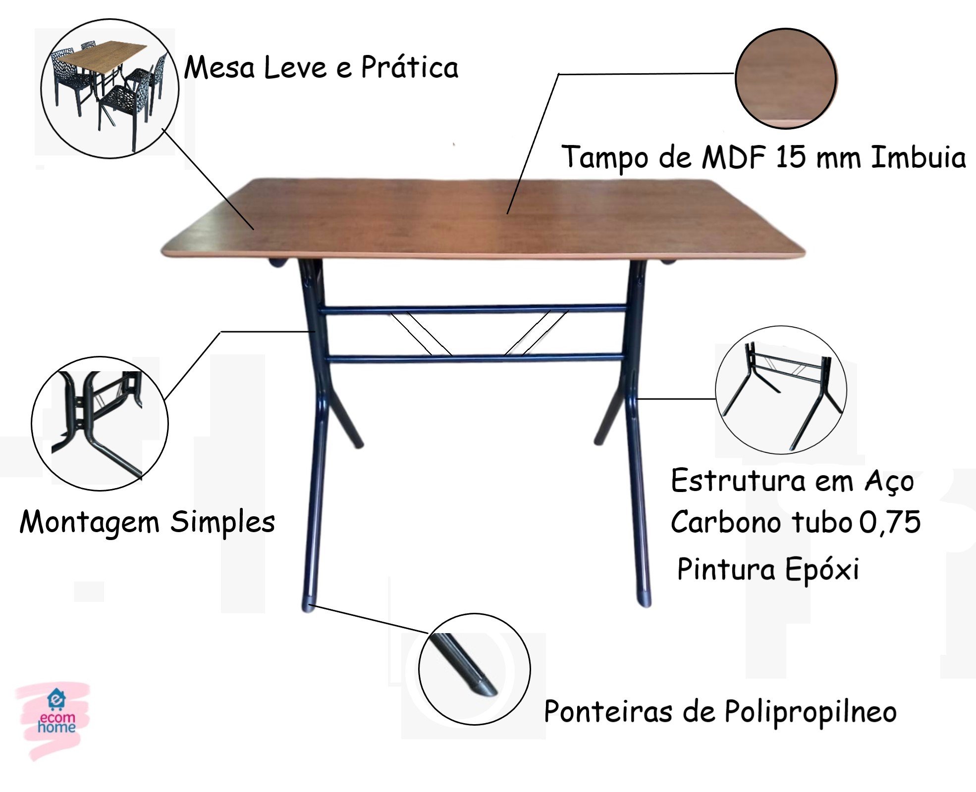 Jogo Mesa 120x70 para Restaurante Comércio Imbuia com 4 Cadeiras Gruvyer Preta Ecomhome - 4