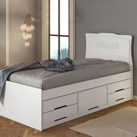 Cama Cômoda de Solteiro com 5 Gavetas Julia Conquista Móveis Branca