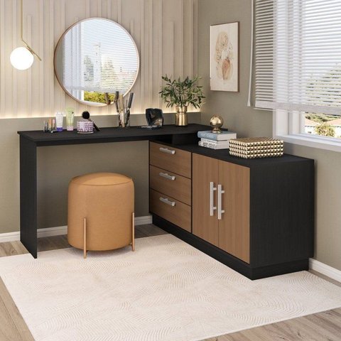 Cômoda com Penteadeira com 3 Gavetas e 2 Portas American Preto/com Freijó