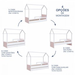 Cama Infantil Montessoriana sem colchão com Cama Auxiliar Linha Infanto Branco/Rosa CCM020 Completa  - 3