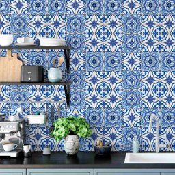 Papel Parede Adesivo Azulejo Cozinha Azul Retro Lavavél 12m - 1