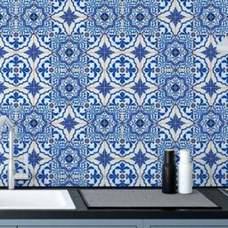 Papel Parede Adesivo Azulejo Cozinha Azul Retro Lavavél 12m - 2