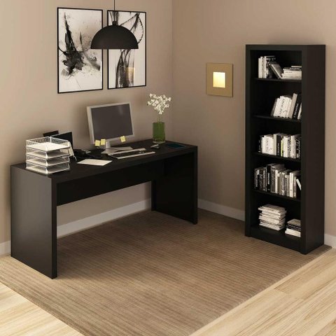 Kit Escritório e Home Office com Mesa e Estante 5 Nichos Cor:preto