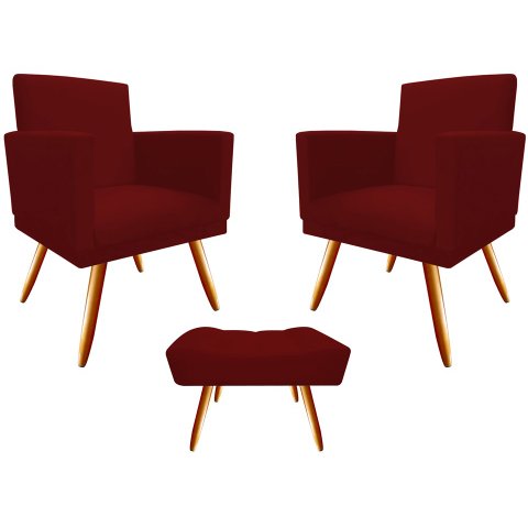 Kit 2 Poltronas Decorativa Bia + Puff Retangular Suede Marsala Pés Madeira Mz Decor