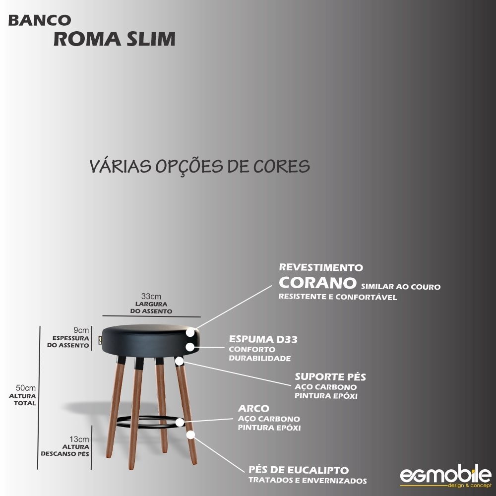 Kit 2 Bancos Para Cozinha Roma Slim Redondo 50 cm EGMOBILE Cinza Corano - 3