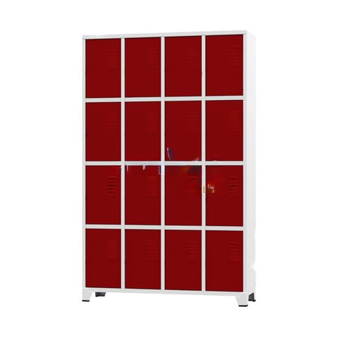 Armário Roupeiro de Aço para Vestiário 16 Portas Locker Vermelho com Chave
