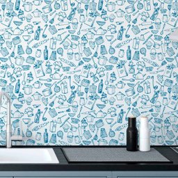 Papel de Parede Vinil Adesivo Utensilios Cozinha Azul 10m - 2