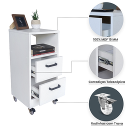 Mesa de Cabeceira Branca 30cm 2 Gavetas Mdf Quarto Gaveteiro Puxador Arquivo-com Rodinhas (montado) - 3