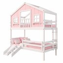 Ver imagem 3 de Beliche Casinha Dos Sonhos com Varanda Kit Escorregador e Grade Proteção Madeira Maciça Rosa |