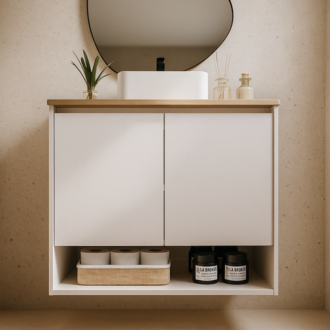 Gabinete de Banheiro Suspenso 70cm 2 Portas e Nicho Branco e Freijó