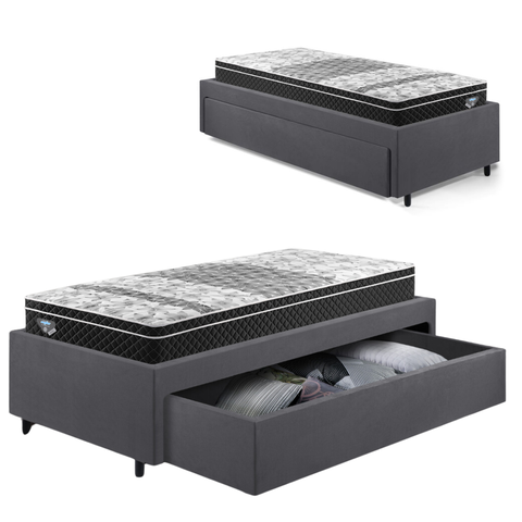 Cama Box Solteiro com Gaveta 88x188 cm Revestida em Suede Cinza com Colchão Gransleep Ecoflex