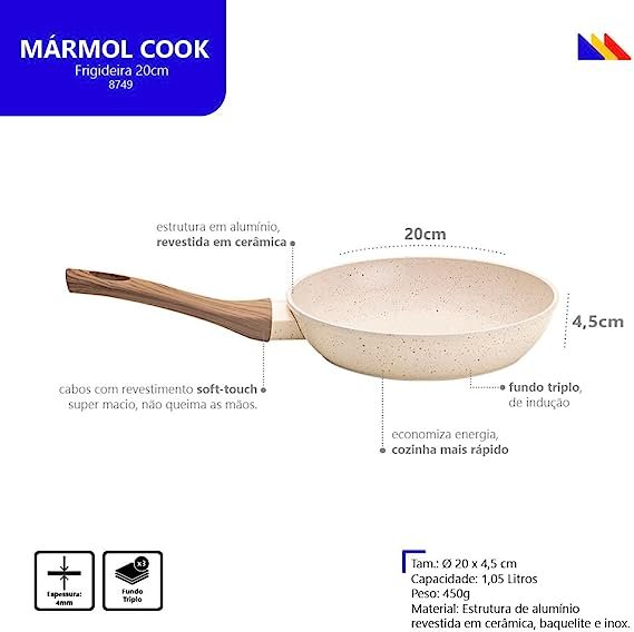 Frigideira de Alumínio Ceramica Antiaderente 20Cm Fundo Triplo Indução Mimo Style Linha Mármol Cook - 7