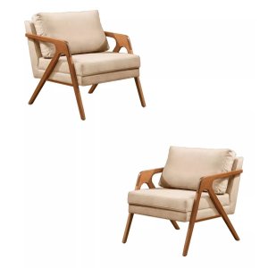 Kit 2 Poltronas Decorativa Mona Luxo Linho Bege Claro e Base Madeira Maciça