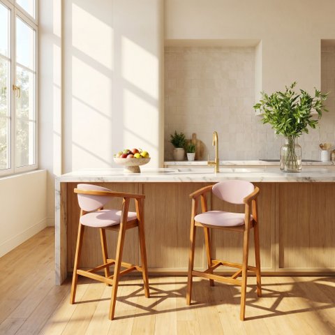 Kit 02 Banquetas Baixa para Cozinha Sala Jantar Bancada Cecília L02 Suede Rosê - Lyam Decor