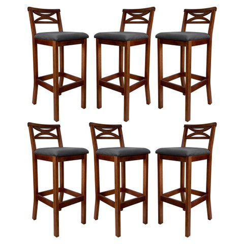 Kit 6 Banquetas Alta Estofada para Cozinha Americana Madri Madeira Castanho Suede Cinza Ccs