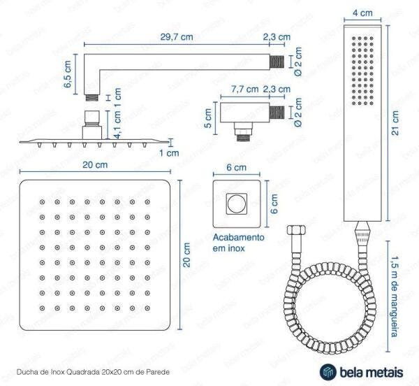 Ducha De Inox Quadrada 20X20 Cm Com Chuveirinho - Cromada - 9