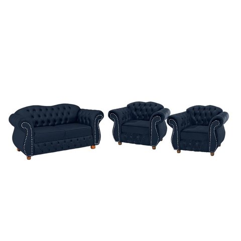 Conjunto Chesterfield Merlo Namoradeira c/ 2 Poltronas - Veludo Azul Marinho / decoração, recepção, 