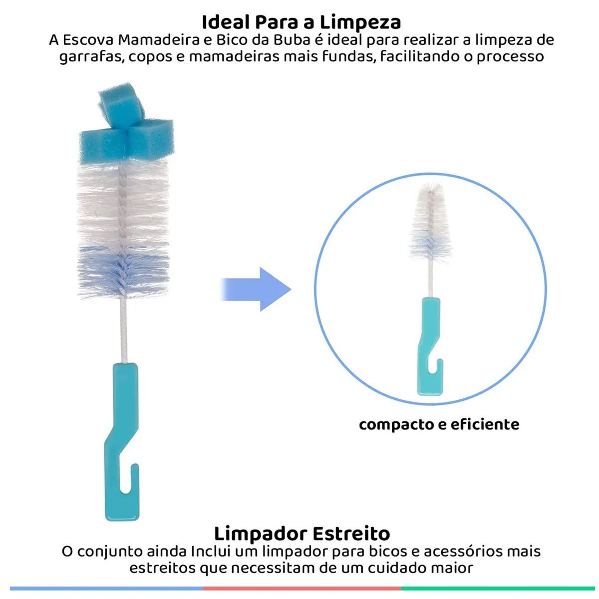Kit Escova para Limpar Mamadeira com Esponja e Escova para Limpeza de Bico Buba Azul - 4