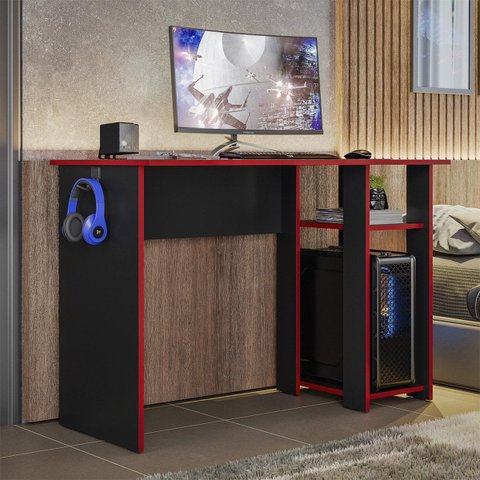 Mesa Gamer Slim para Escritório 108 cm Peternella: Preto Fosco/Vermelho
