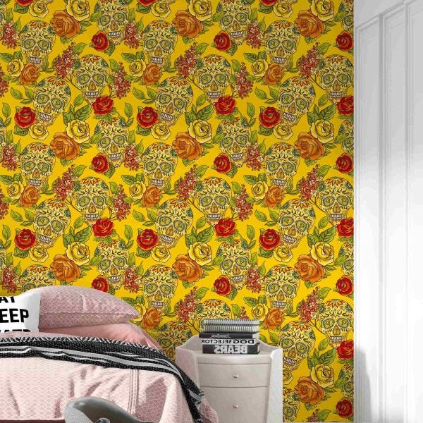 Papel De Parede Adesivo Caveira Mexicana Amarelo Teen 12m - 3