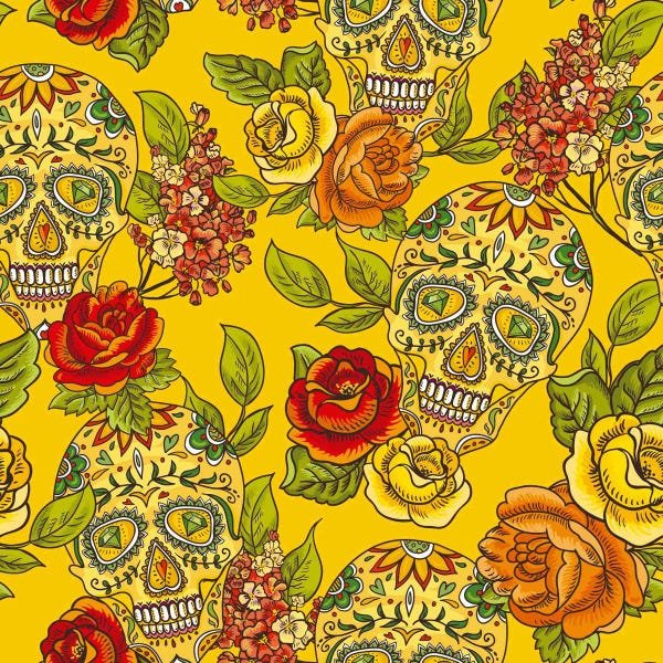 Papel De Parede Adesivo Caveira Mexicana Amarelo Teen 12m