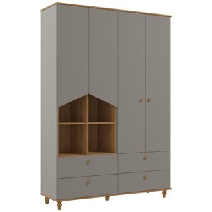 Guarda-Roupa Infantil Fendi Nature MDF Gavetas Telescópicas Pés Madeira 4 Portas Roupeiro Casinha