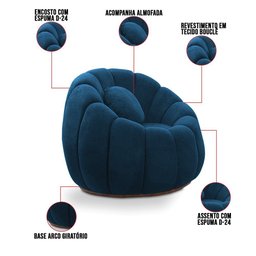 Sofá 2 Lugares com Puff e Poltrona Giratória Orgânica Cloud Bouclê Azul Marinho - 4