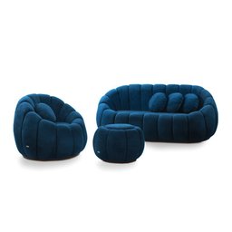 Sofá 2 Lugares com Puff e Poltrona Giratória Orgânica Cloud Bouclê Azul Marinho - 1