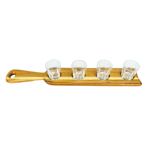 Kit 4 Copos Tequila Shot Cachaça Suporte Madeira Decorativo