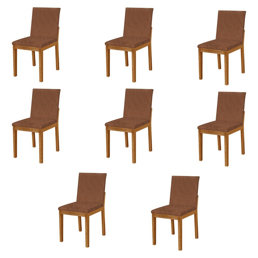 Kit 8 Cadeiras de Jantar Luxo Pérola Estofadas em Couro Pu Caramelo Base Madeira Maciça Mel - 1
