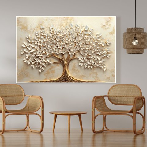 Quadro Decorativo Árvore da Vida Folhas Delicadas Flores Brancas Sala Quarto Casa Escritório