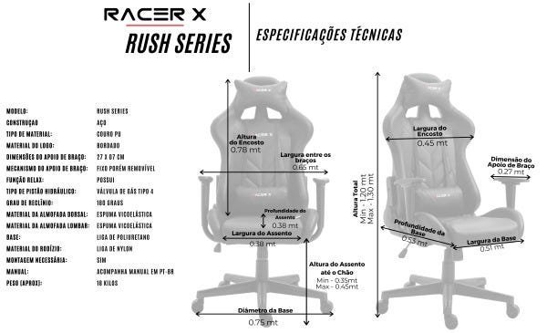 Cadeira Gamer de Escritório Modelo Rush Reclinável Racer X Preta - 8