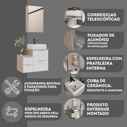 Conjunto Gabinete Banheiro Nivus 60cm (armário + Cuba + Espelheira) Madeirado / Branco - 6
