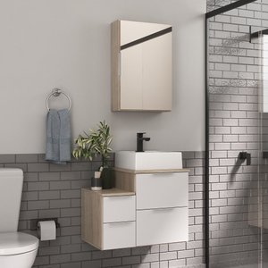 Conjunto Gabinete Banheiro Nivus 60cm (armário + Cuba + Espelheira) Madeirado / Branco
