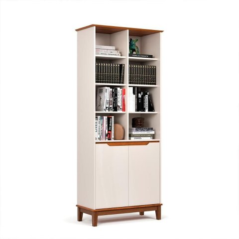 Livreiro Ej Flow 2 Portas 6 Prateleiras com Pés Madeira Off White/freijo