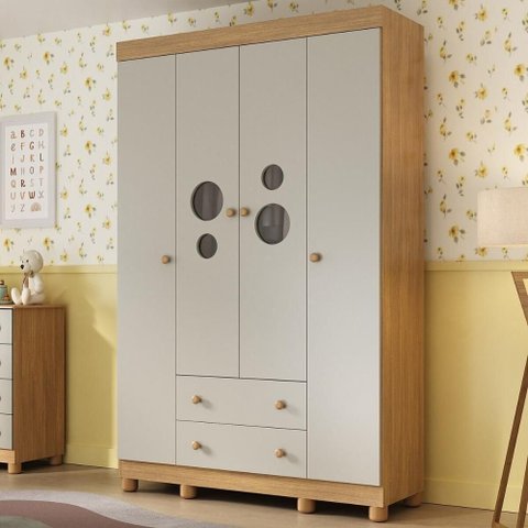 Guarda-roupa Infantil 122cm com Vidro 4 Portas e 2 Gavetas Bombom Multimóveis Mp4463 Madeirado/off