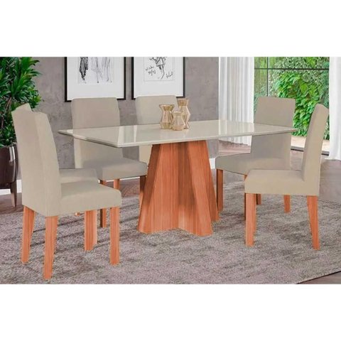 Sala de Jantar Completa Maitê Tampo Madeirado C/ Vidro 160x80cm e 6 Cadeiras Maia Cinamomo/off