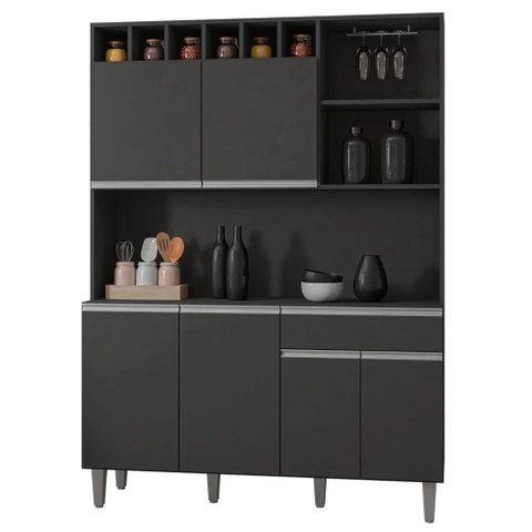 Kit Cozinha Compacta 130cm com 6 Portas e 1 Gaveta Nicole Cinza Escuro