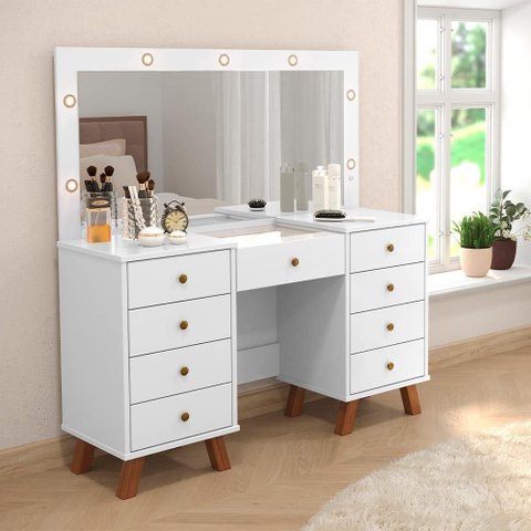 Penteadeira Camarim Eloá com Luz de Led e Banqueta Branco - Patrimar Móveis