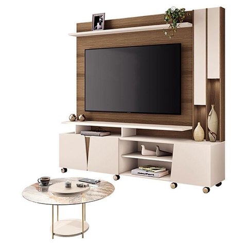 Estante Home Theater Virtus Castanho Off White com Mesa de Centro Sky com Tampo de Vidro Off White