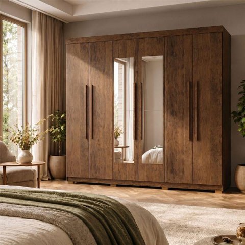 Guarda Roupa Casal Elegance 6 Portas de Bater 2 Gavetas MDF-MDP com Espelho Imbuia Mobília Decor