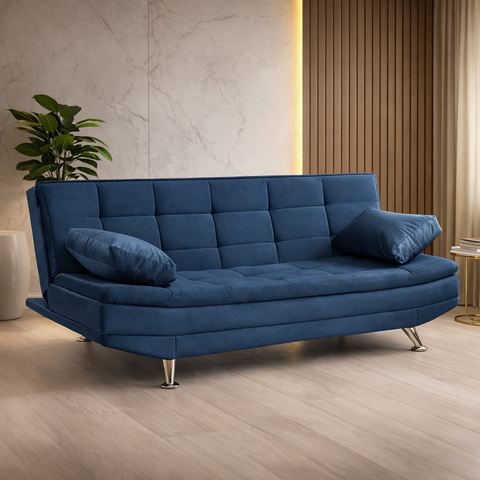 Sofá Cama Valencia 3 Lugares Reclinável Material Azul - Star Confort Valencia Silver Sofá Cama Tres