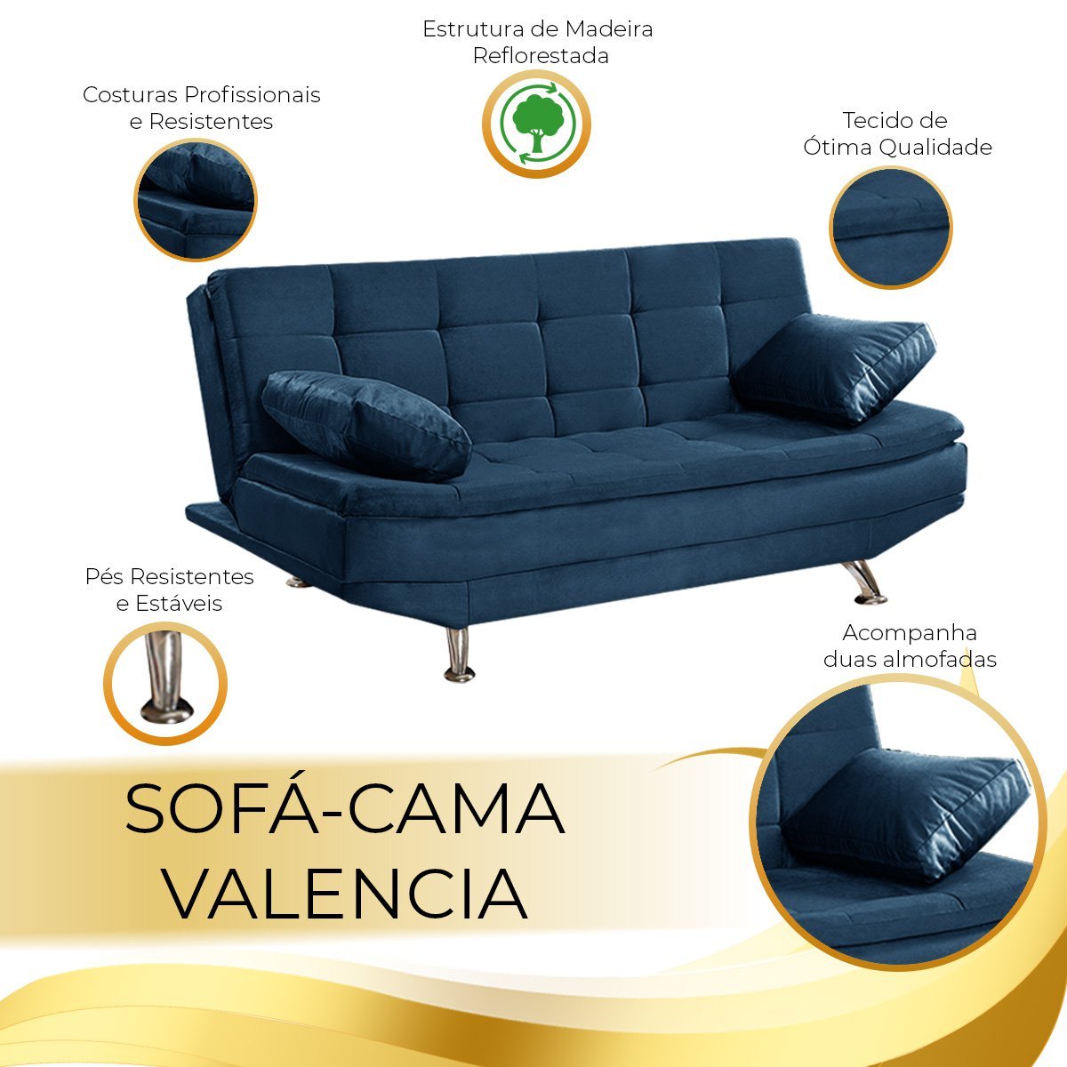 Sofá Cama Valencia 3 Lugares Reclinável Material Azul - Star Confort valencia Silver Sofá Cama tres  - 7