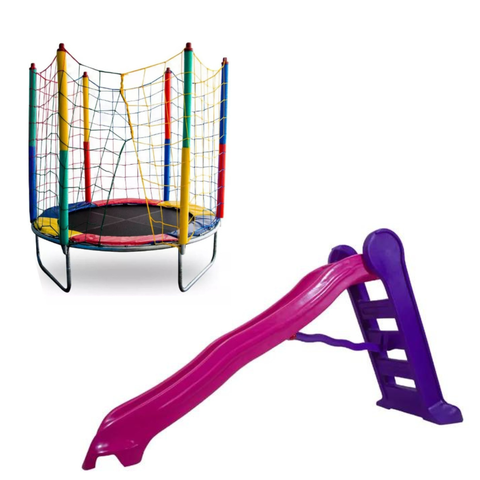Kit Rosa Cama Elástica 1,40m + Escorregador Grande 4 Degraus
