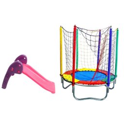 Kit Rosa Cama Elástica 1,40M + Escorregador Baby 2 Degraus - 1