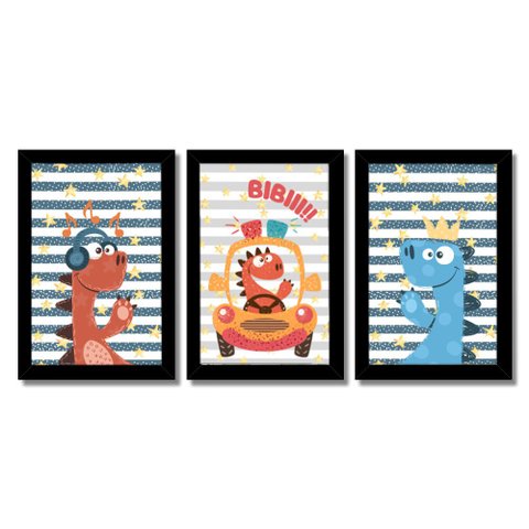 Kit Quadros Infantil Dino Kids 20X30 3 peças Arte na Arte Safari Aquarela Moldura Preta