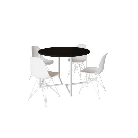 Mesa Industrial Base Ferro Branco em V Tampo 110cm Preto 4 Cadeiras Brancas Ferro Branco
