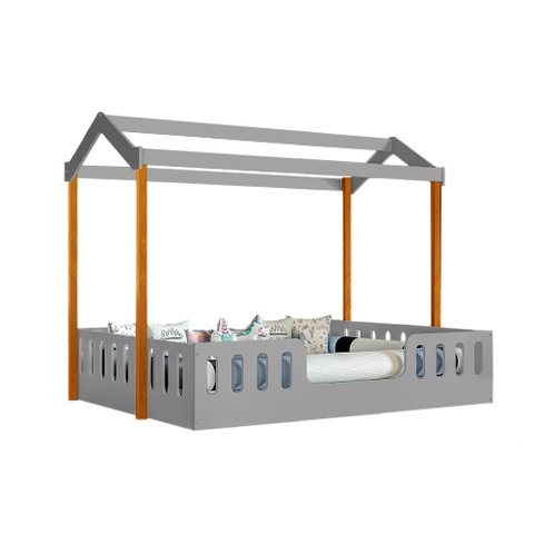 Cama para Criança Infantil Ágatha Casal Casinha Montessoriana Cinza/mel