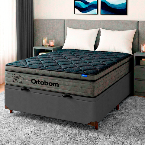 Cama Box Bau Cinza + Colchão Casal Confort Black Espuma Soft Gel Ortobom